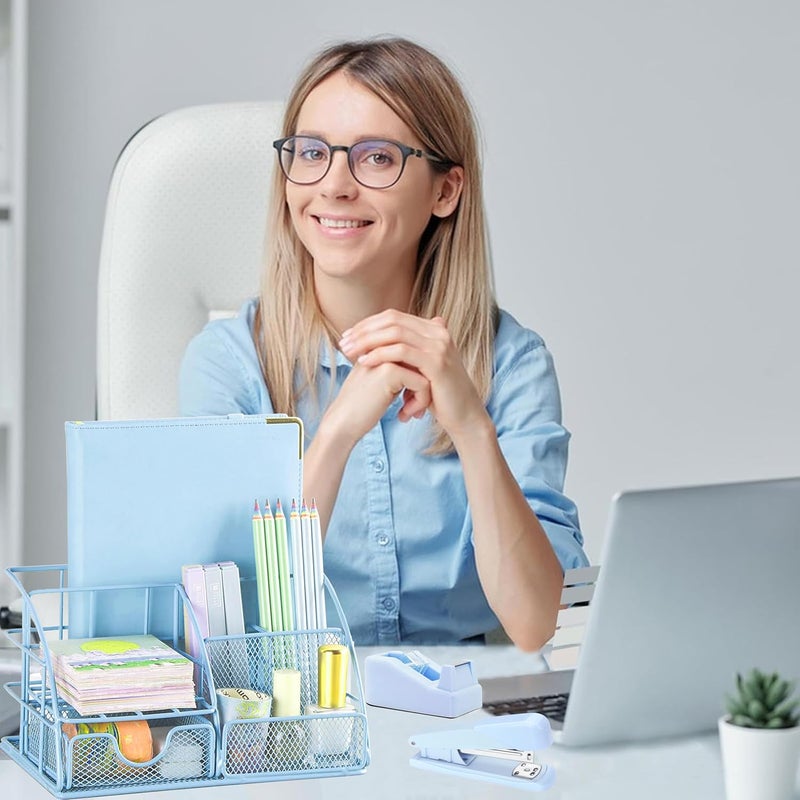 Scindaly Blue Office Desk Accessories Supplies, 10pcs Desk Organizers and Accessories with Tape Dispenser and Stapler,Staples,Scissor,Ruler,Sticky Tabs,Tape,Ballpoint Pen,Clips Set - Image 5